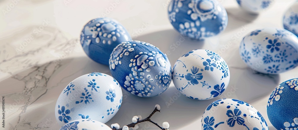 Aufkleber close up image of blue and white easter eggs on a light backdrop with room for copying