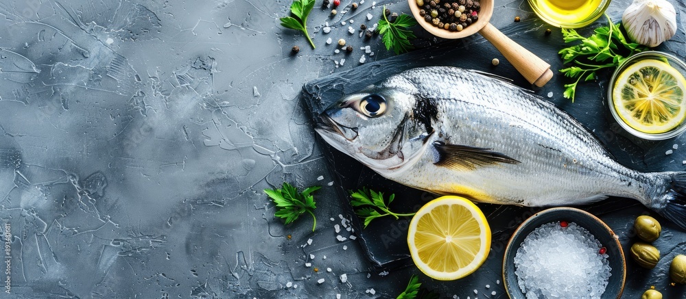 Poster flat lay composition featuring fresh dorado fish and ingredients on a grey table with a designated c