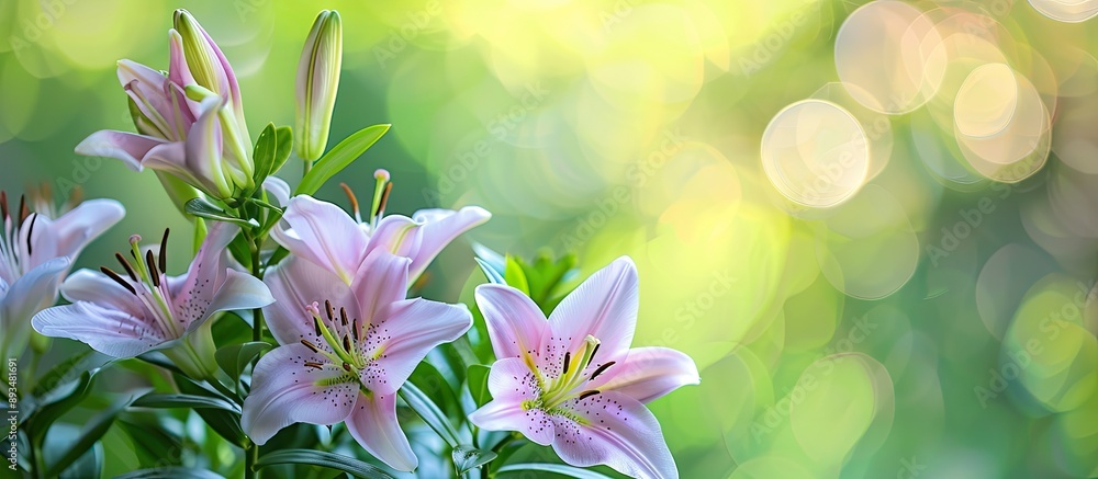 Aufkleber blurry green backdrop with lilac lilies providing copy space image emphasizing selective focus