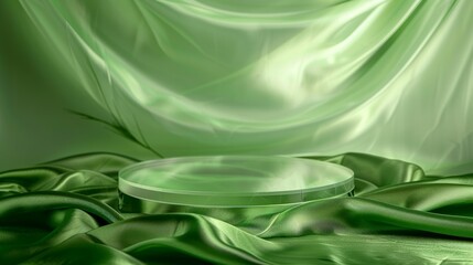 Photo of a round clear glass pedestal on a green wave silk satin background. Empty green cylinder mockup background for beauty product presentation. front view