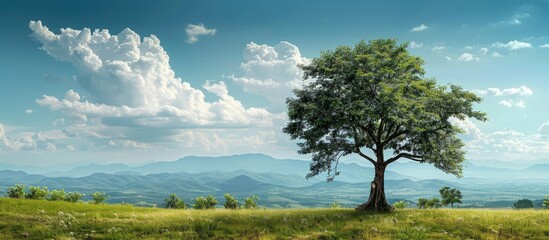 A stunning summer view with a big tree and clove tree under a beautiful blue sky and fluffy clouds ideal for a mountain or forest getaway featuring a serene copy space image