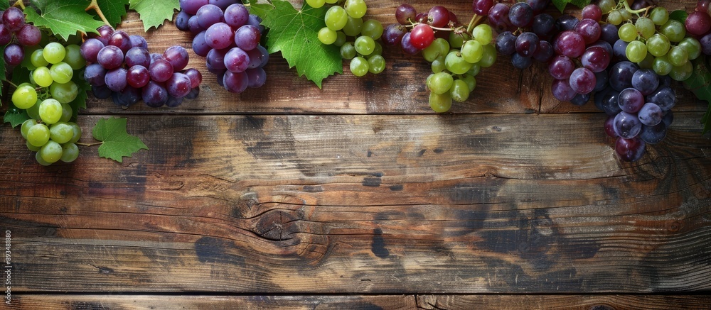 Poster Grapes displayed on rustic wooden boards with copy space image