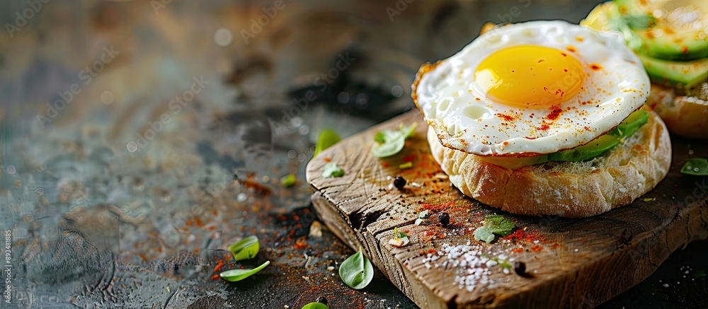 Poster copy space image featuring a breakfast concept with fresh homemade english muffins topped with avoca