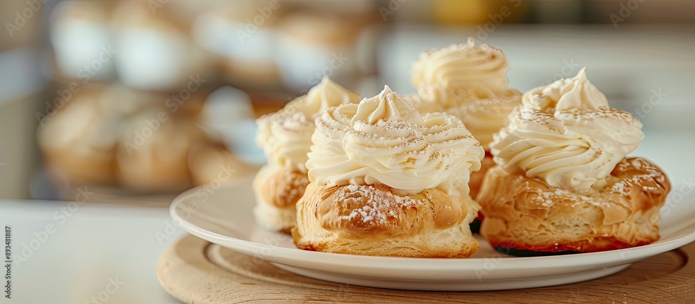 Poster vanilla cream puff cakes served on a white plate with a blurred background creating a copy space ima