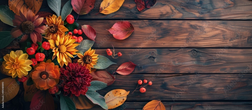 Poster an autumnal arrangement on a wooden table with copy space image