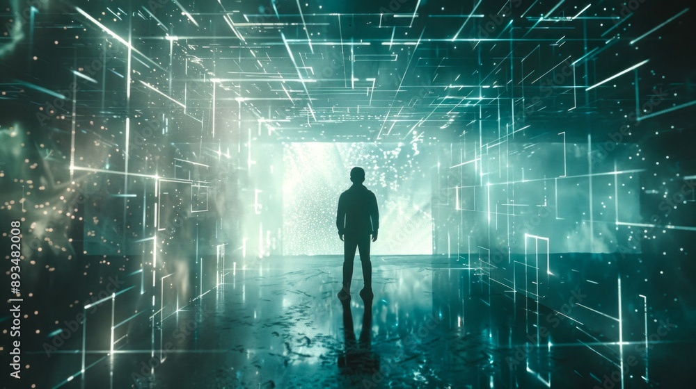Poster silhouette of a person standing inside a glowing, futuristic digital tunnel. concept image depicting