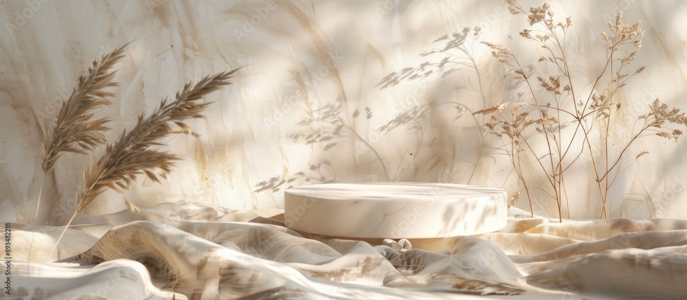 Poster A blank podium set on beige fabric with dry grass is perfect for showcasing cosmetic perfume and product items with a copy space image