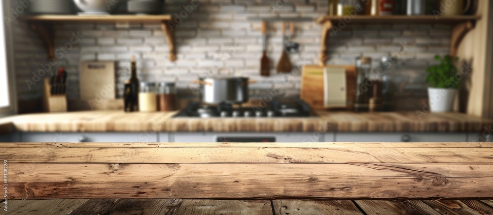 Aufkleber Blurry kitchen background showcasing a wooden table surface suitable for product display or design concept with copy space image