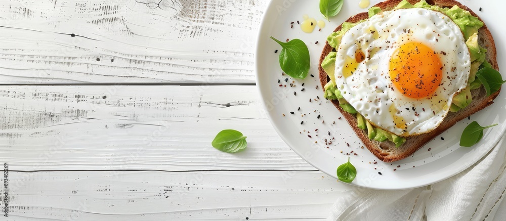 Aufkleber healthy breakfast with avocado toast fried egg and whole grain bread presented on a white wooden sur