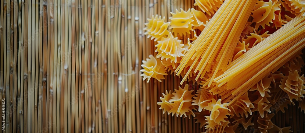 Poster Italian food concept with spaghetti and pasta cooking ingredients on a bamboo backdrop creating a flat lay composition with ample copy space image