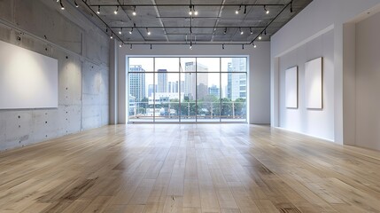 Empty Gallery Space with Oak wood floor and Light Concrete Walls. Bright modern interior with Large Windows Looking out to the City.