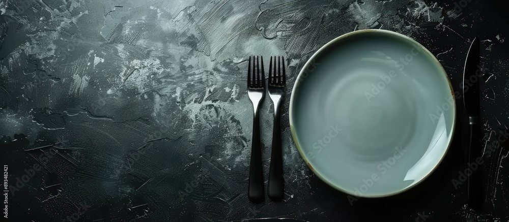 Poster Dinner preparation with cutlery on a dark textured concrete backdrop with an empty ceramic round plate Ideal for incorporating a copy space image
