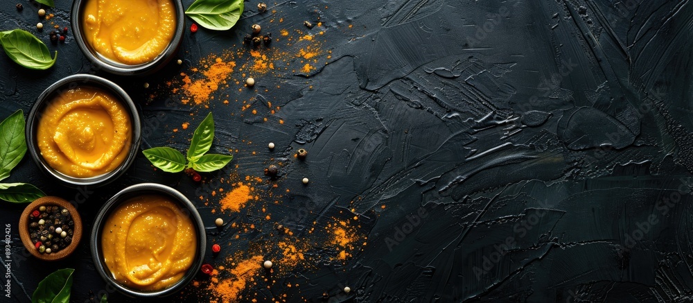 Poster Black wooden background with mustard sauce and spices displayed from a top view providing ample copy space for text in the image