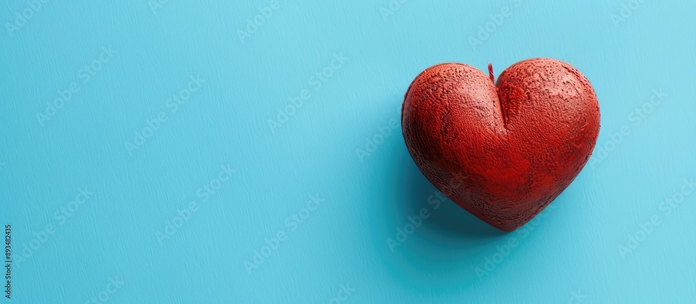 Poster top down view of a red heart on a blue background ideal for valentine s day featuring ample copy spa