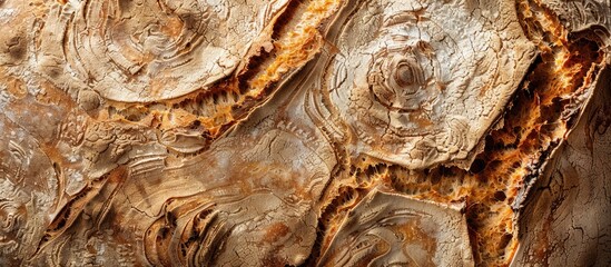 Close up view of artisan sourdough rye bread displaying its texture on a bakery background with an intricate pattern ideal for a copy space image