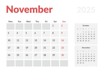 Monthly page Calendar Planner Templates of November 2025. Vector layout of simple calendar with week start Monday for print. Page for size A4 or 21x29.7 cm