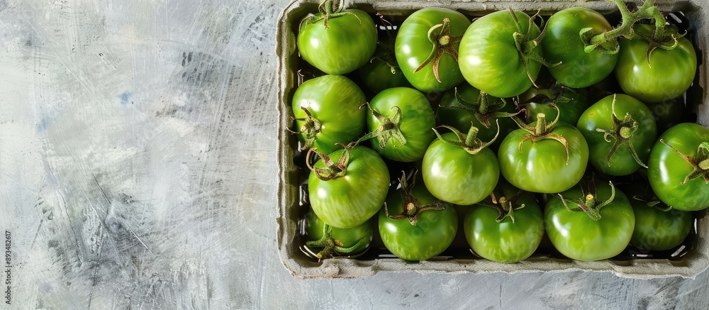 Poster Top down view of a container filled with green unripened tomatoes on a plain background with copy space image