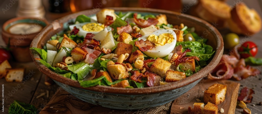 Poster Lorraine cuisine with Vosges salad featuring egg bacon croutons lettuce and vinaigrette dressing beautifully displayed on a rustic table with copy space image in the background