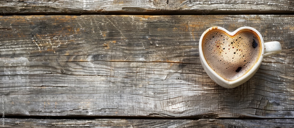 Aufkleber top view of heart shaped hot coffee on a wooden background with copy space image