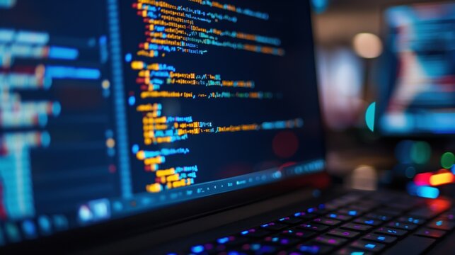 A close-up shot of a laptop screen displaying lines of colorful code, highlighting the intricate details of software development
