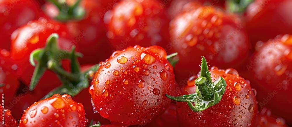 Poster Close up image of fresh red cherry tomatoes with water droplets featuring ample copy space
