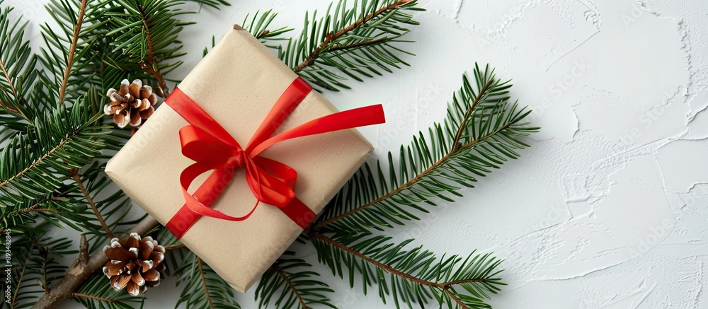 Poster A present wrapped in craft paper with a red ribbon sits on a white background with Christmas tree branches ideal for a festive copy space image