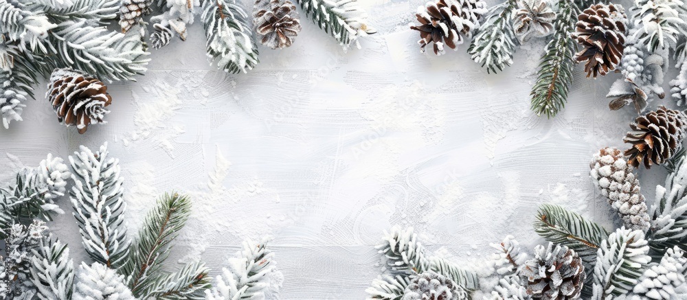 Aufkleber Christmas winter background with snow covered fir branches cones and a white wooden texture Ideal for a copy space image