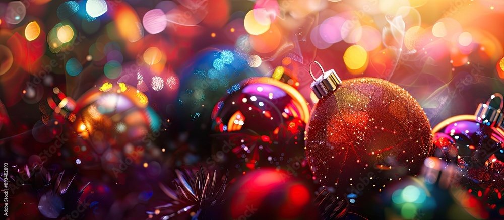 Fototapete a festive christmas backdrop decorated with a variety of colorful glowing ornaments suitable for add