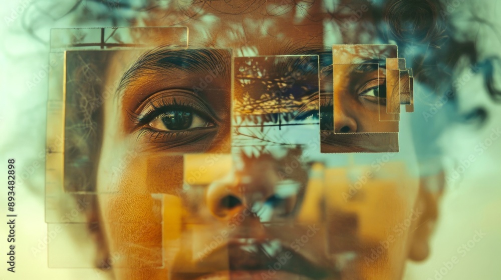 Aufkleber abstract concept art of human face with overlay of multiple photo frames. the artistic style creates