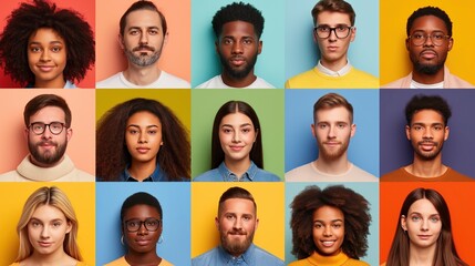 A grid of eighteen people of various ethnicities and ages are smiling directly at the camera. Each person is standing in front of a different solid color background