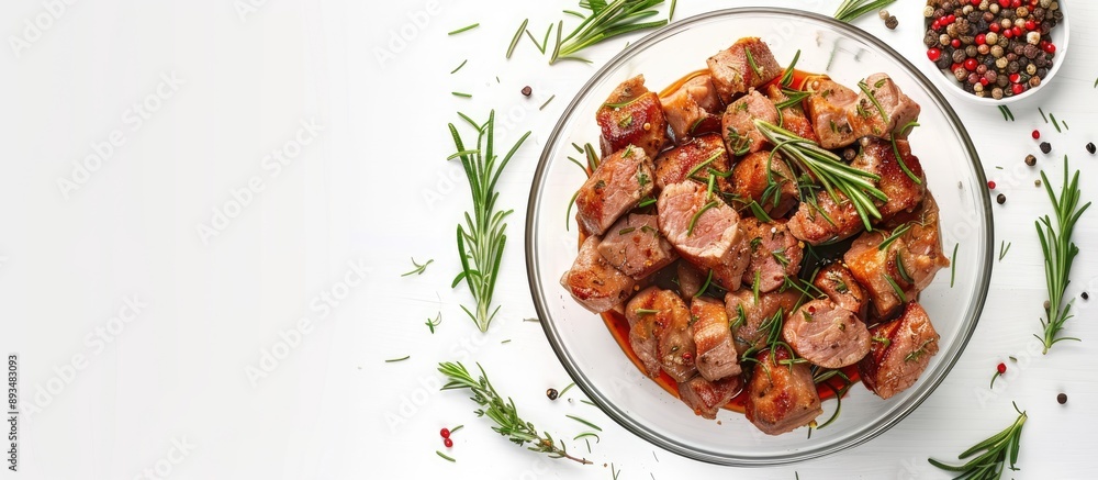 Poster a glass pan containing pork meat seasoned with herbs and spices on white background top view with co