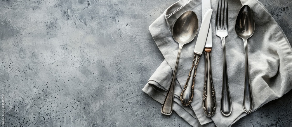 Poster Cutlery and napkin arranged on a concrete background with a copy space image