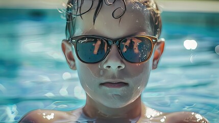 Boy in glasses in the pool. Selective focus