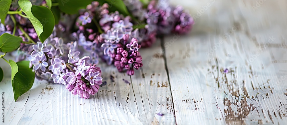 Aufkleber Close up of a lilac branch displayed on a white wooden table with a spacious area for copyspace image
