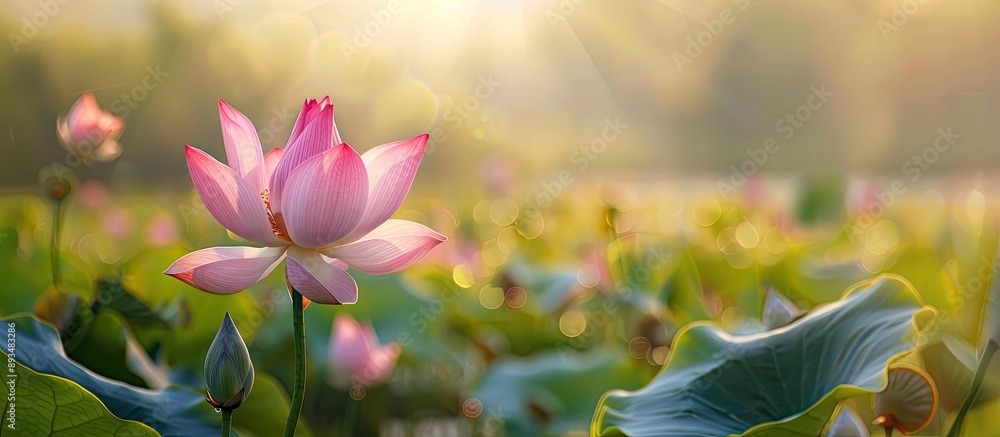 Poster in spring a blooming lotus flower in a field offers a picturesque view perfect for a copy space imag