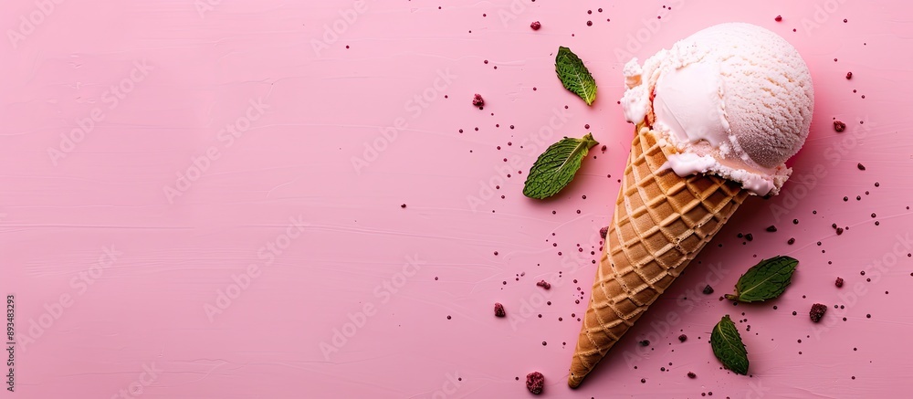 Poster Pink background sets the stage for a flat composition featuring a vanilla ice cream cone adorned with mint creating an inviting copy space image