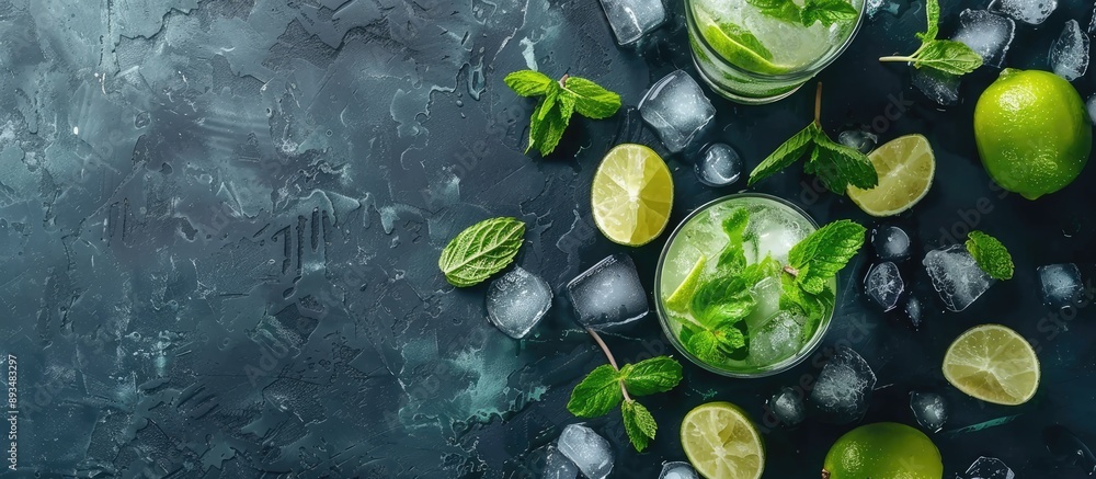 Poster High angle view of a mojito cocktail on a dark slate background with ample copy space image
