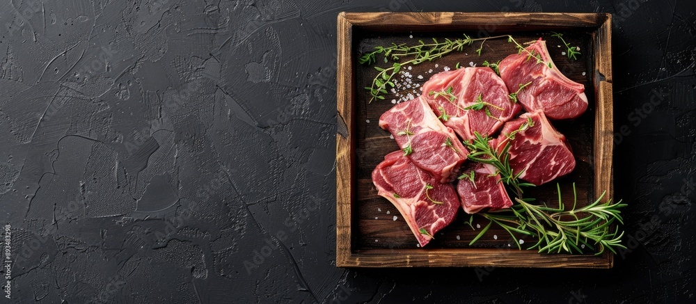 Poster wooden tray with thyme seasoned raw lamb shoulder on black background top view with copy space image