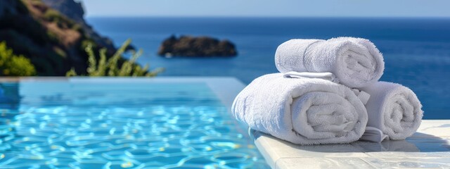 white folded towels on the background of the pool and the beach. selective focus