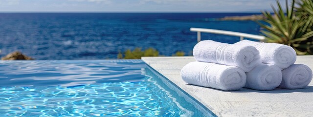 white folded towels on the background of the pool and the beach. selective focus