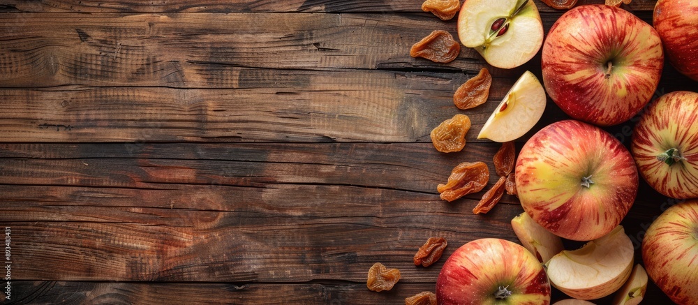 Poster wooden background with a copy space image featuring a mix of dried and fresh apples