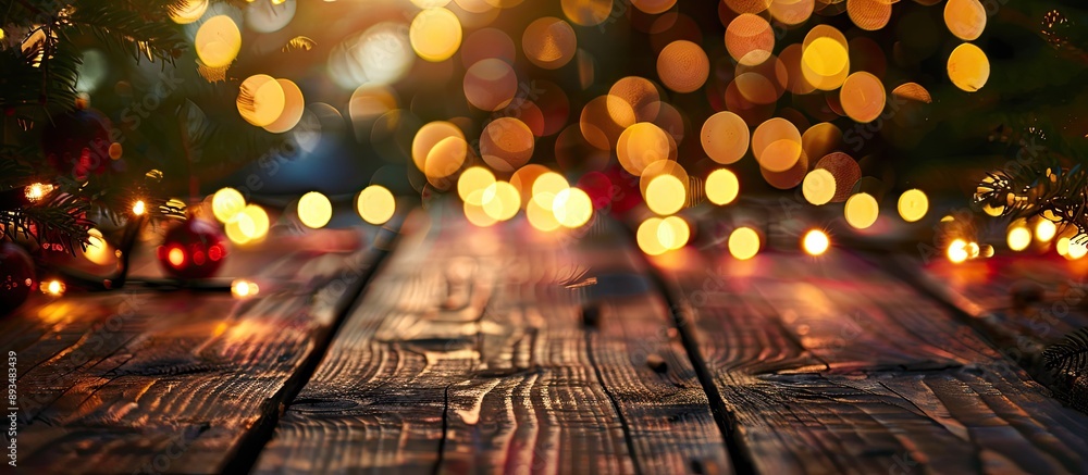 Poster Wooden planks adorned with Christmas lights create a festive ambiance with a blurred background and ample space for additional elements in the image