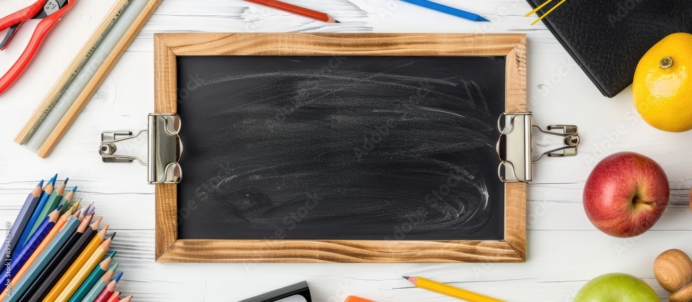Poster school supplies and chalkboard set against white backdrop with blank space for text in image. copy s