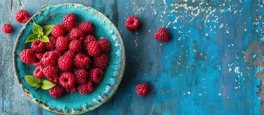 Poster a ceramic plate with fresh raspberries on a rustic blue desk providing a perfect background for a co