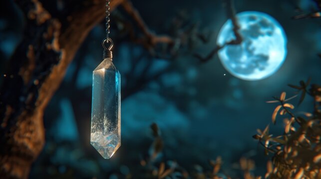 Enchanting scene of a crystal pendant hanging in the moonlight, symbolizing protection and the harnessing of lunar energy