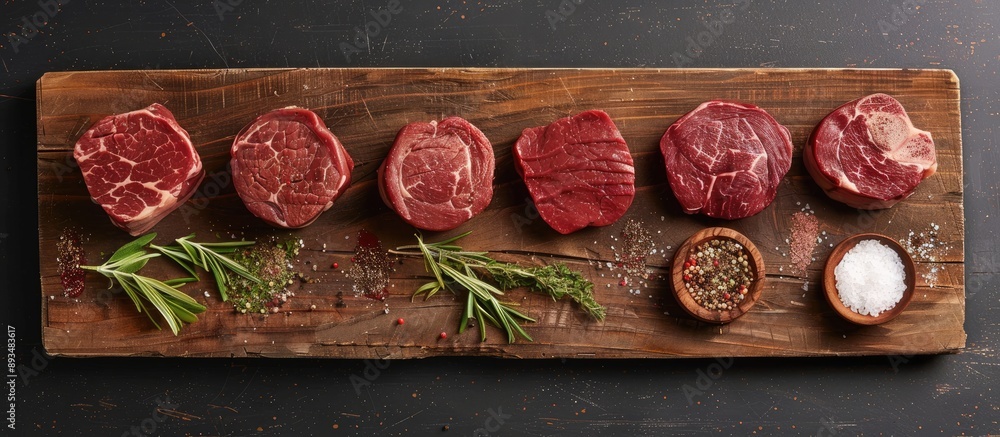 Poster top view of fresh raw beef tenderloin marbled steaks and seasonings arranged on a wooden cutting boa