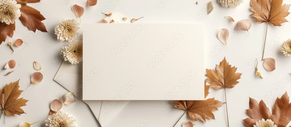 Poster Wedding invitation design featuring a simple theme with leaves and chrysanthemums on a card mockup and envelope creating an elegant copy space image