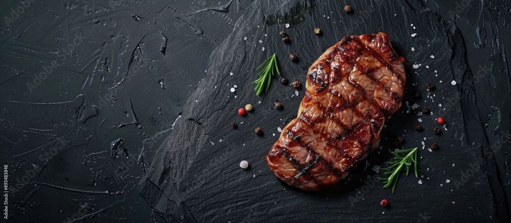 Poster A top down view of a medium rare grilled beef steak placed on a black stone table with ample copy space image available