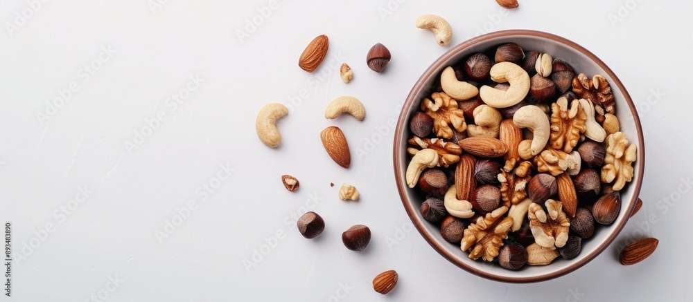 Poster An overhead shot of nuts in a circular bowl on a white backdrop with copy space image