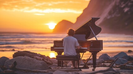 Man playing a grand piano on a beach at sunset, combining the serene beauty of nature with the soulful power of music